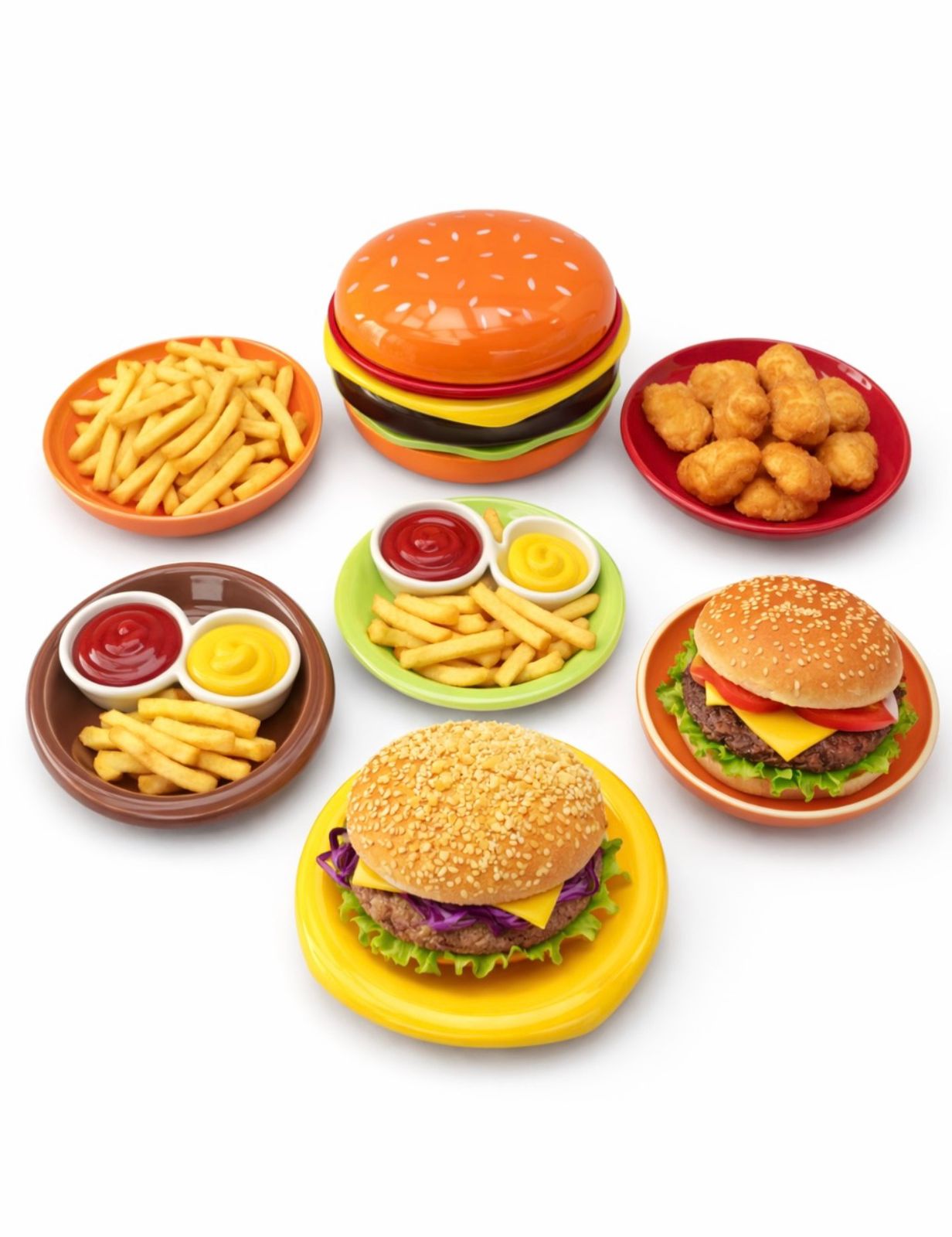 Conjunto de Pratinhos Coloridos em Cerâmica Hambúrguer