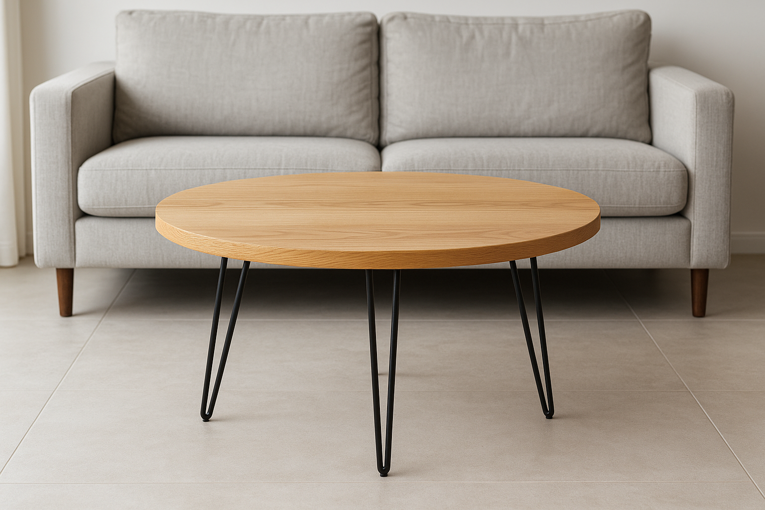 Mesa de Centro Redonda Madeira Carvalho Pés Hairpin 80cm