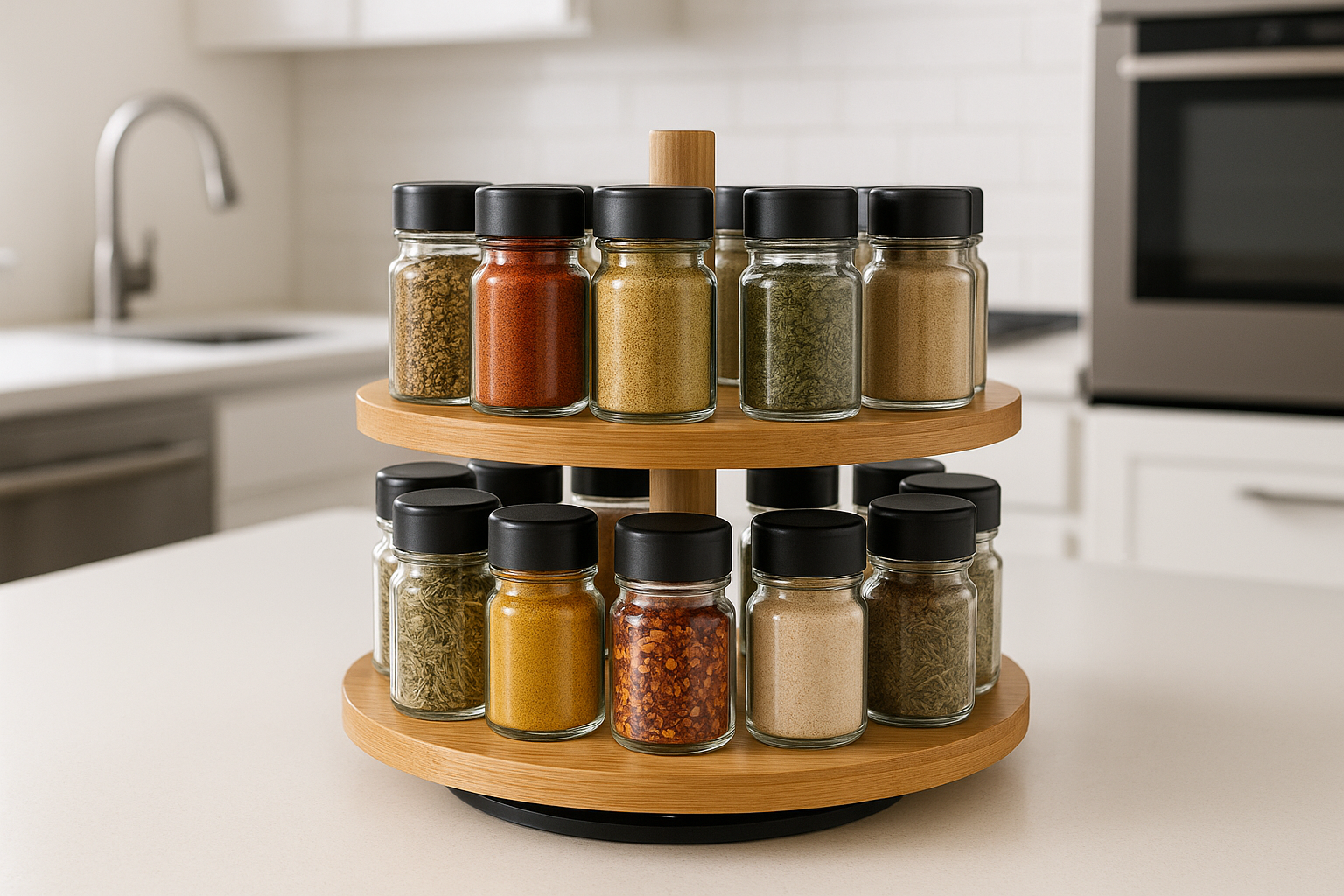 Porta Temperos Giratório Bambu 2 Andares com 16 Potes Vidro
