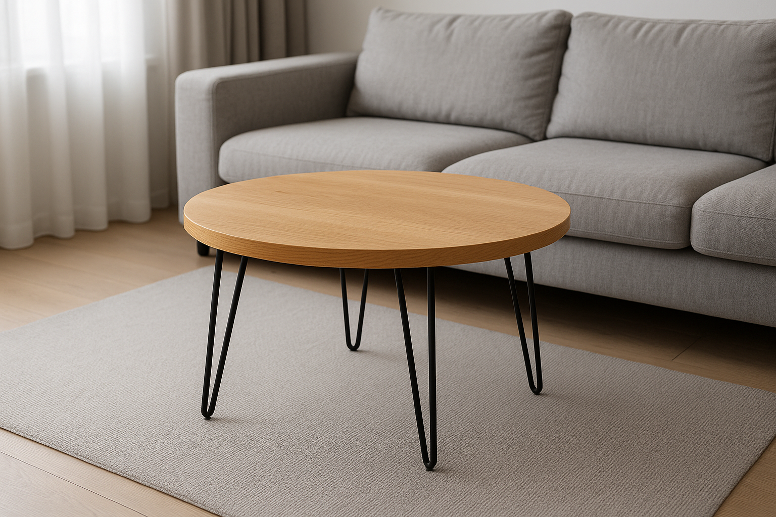 Mesa de Centro Redonda Madeira Carvalho Pés Hairpin 80cm