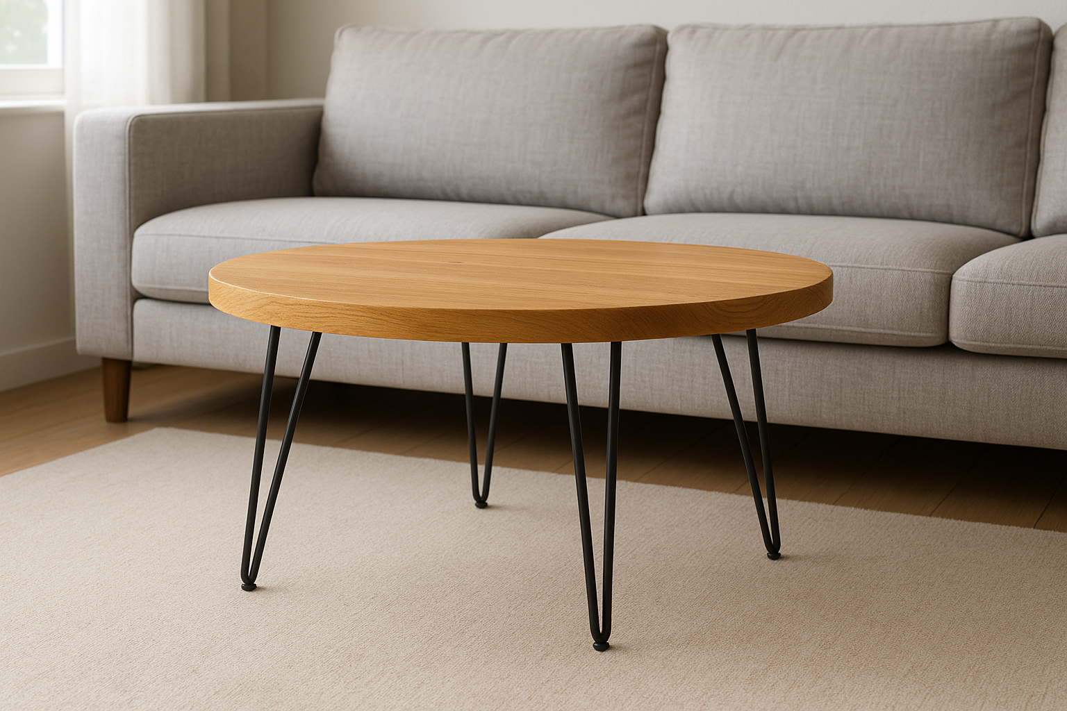 Mesa de Centro Redonda Madeira Carvalho Pés Hairpin 80cm