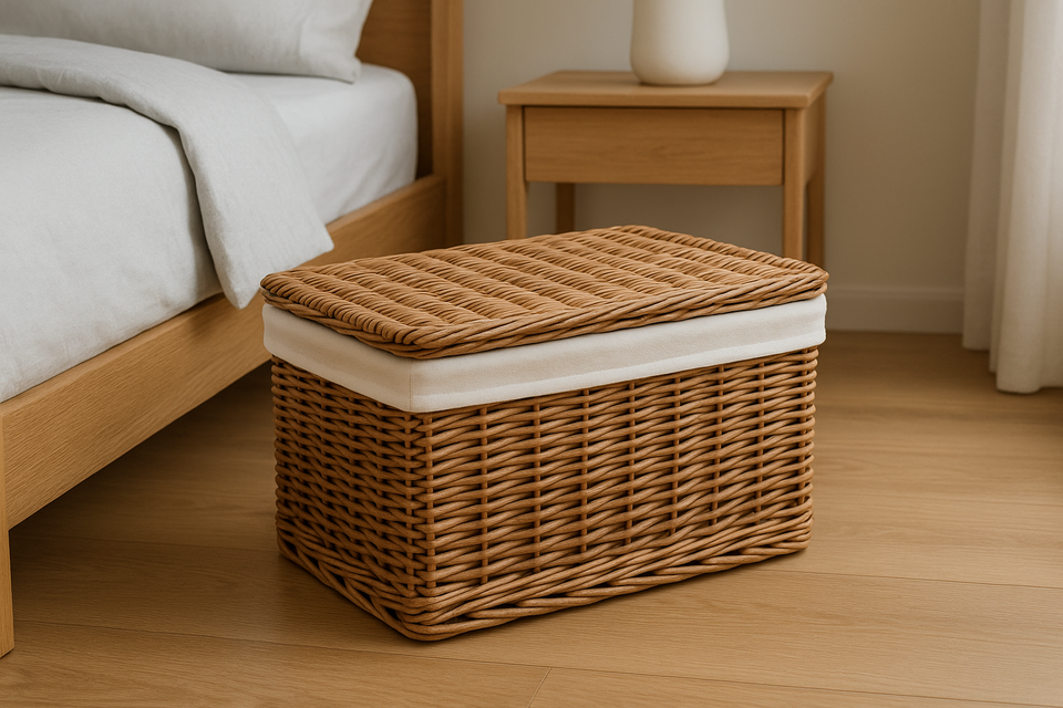 Cesta Organizadora com Tampa Vime Natural Forro Branco 35x25cm