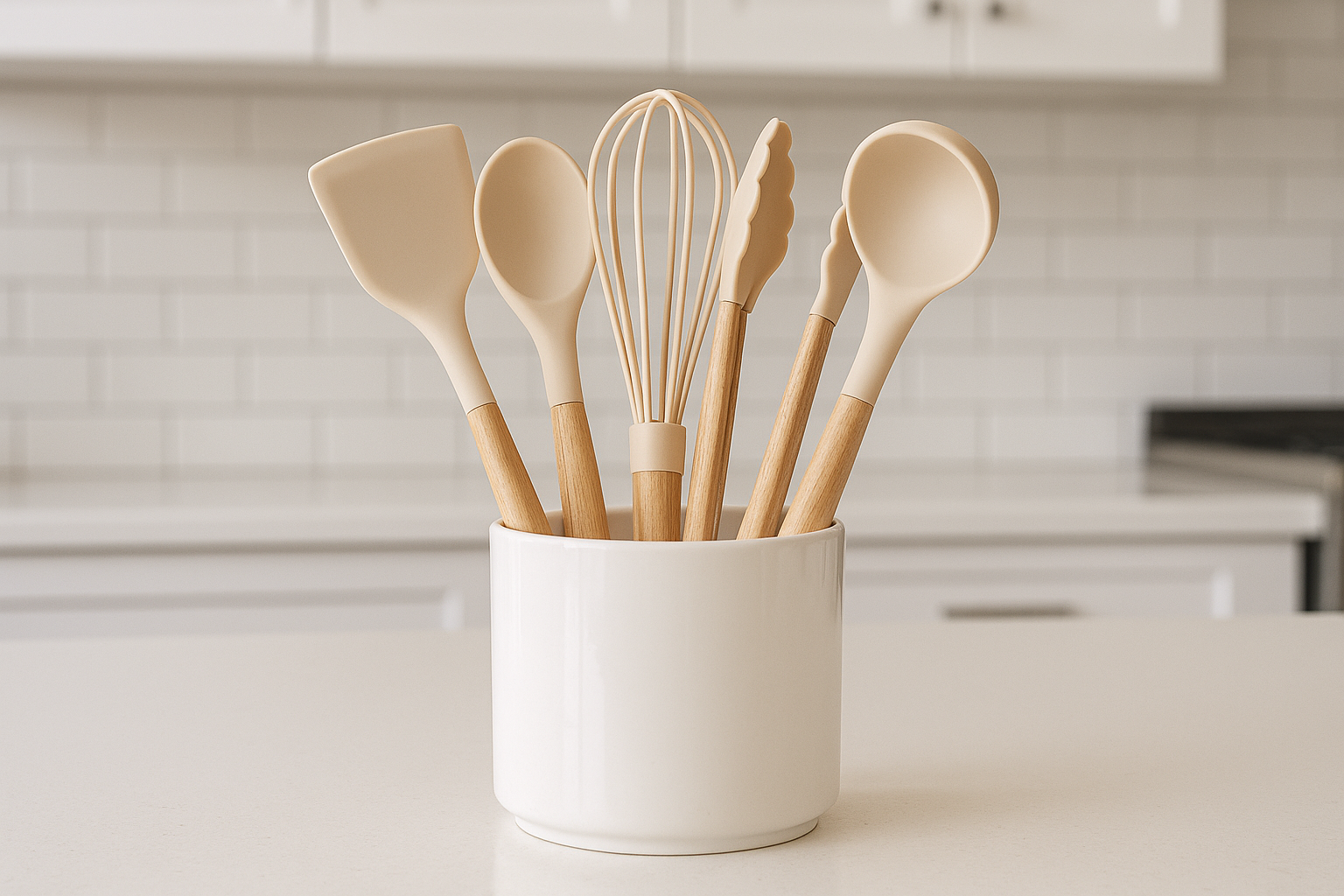 Conjunto 5 Utensílios Silicone com Cabo Madeira e Porta Utensílios