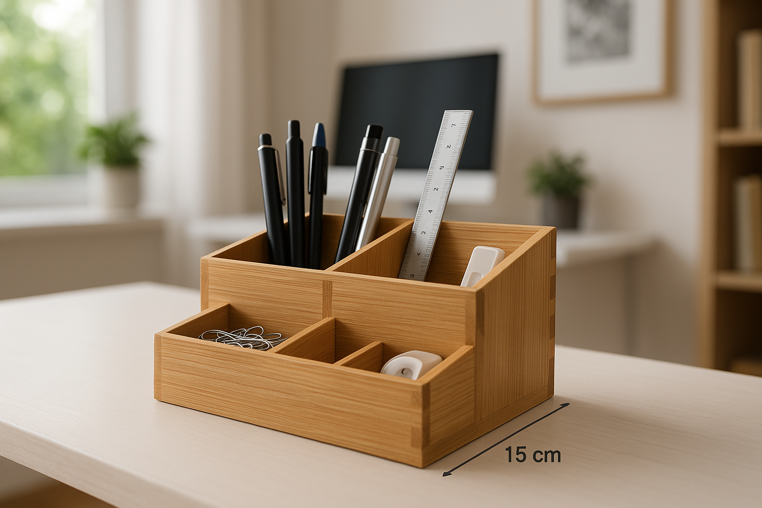 Organizador de Mesa Bambu Natural 4 Compartimentos 25x15cm