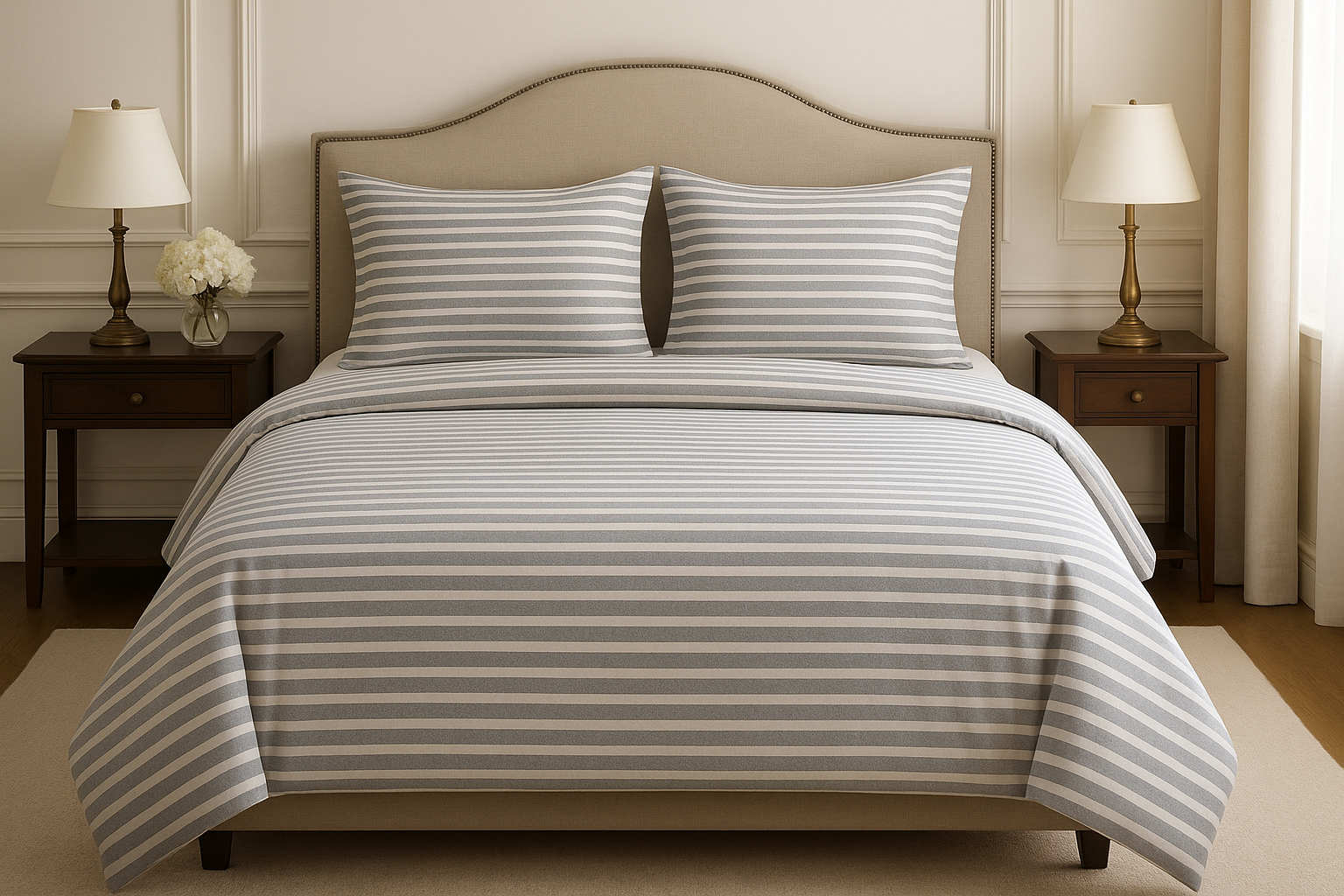 Jogo de Cama Queen Listrado Cinza e Branco - 4 Peças