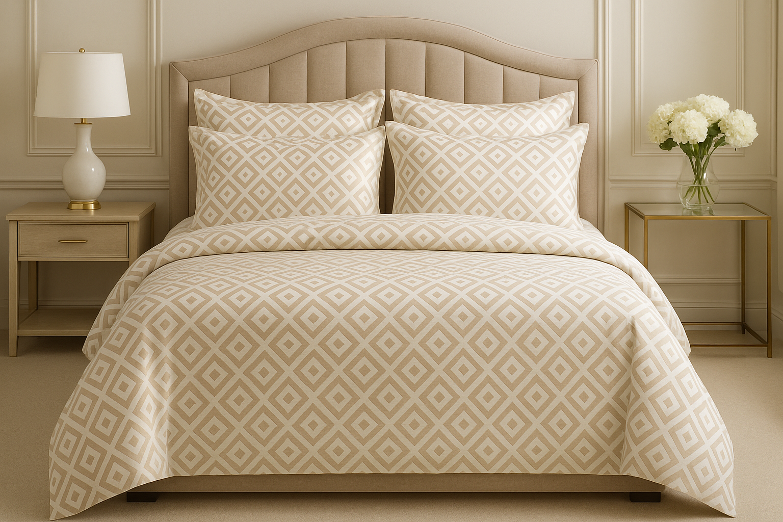Jogo de Cama King Geométrico Bege e Branco - 4 Peças