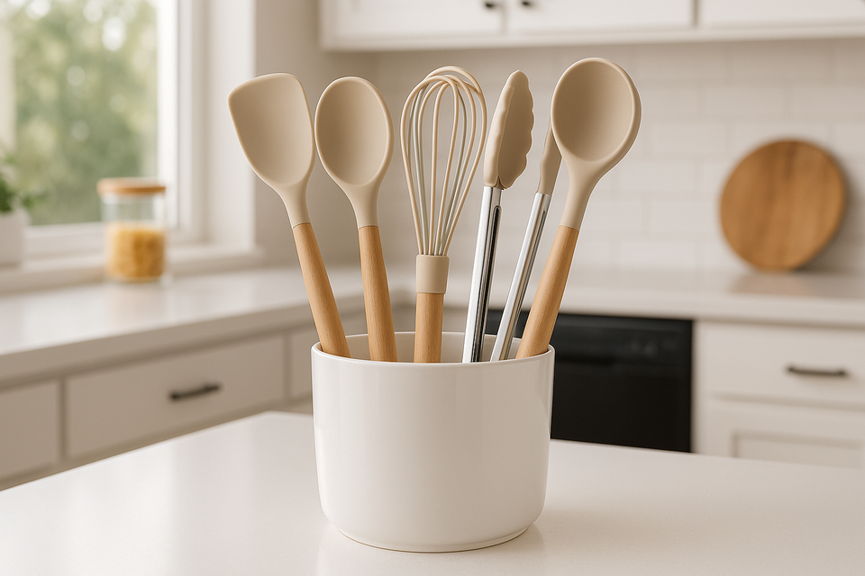 Conjunto 5 Utensílios Silicone com Cabo Madeira e Porta Utensílios