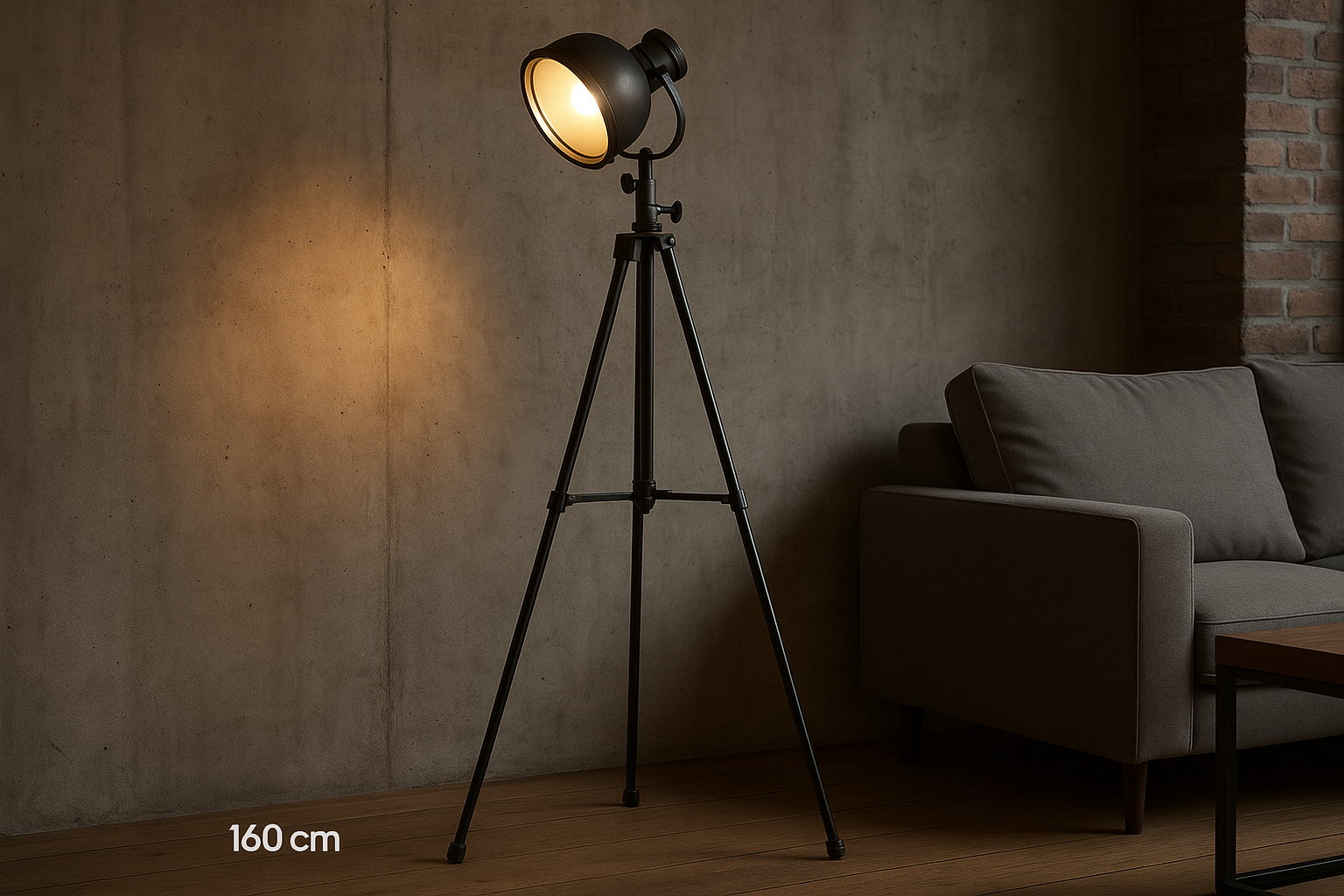 Luminária de Chão Industrial Tripé Metal Preto Spot Ajustável 160cm