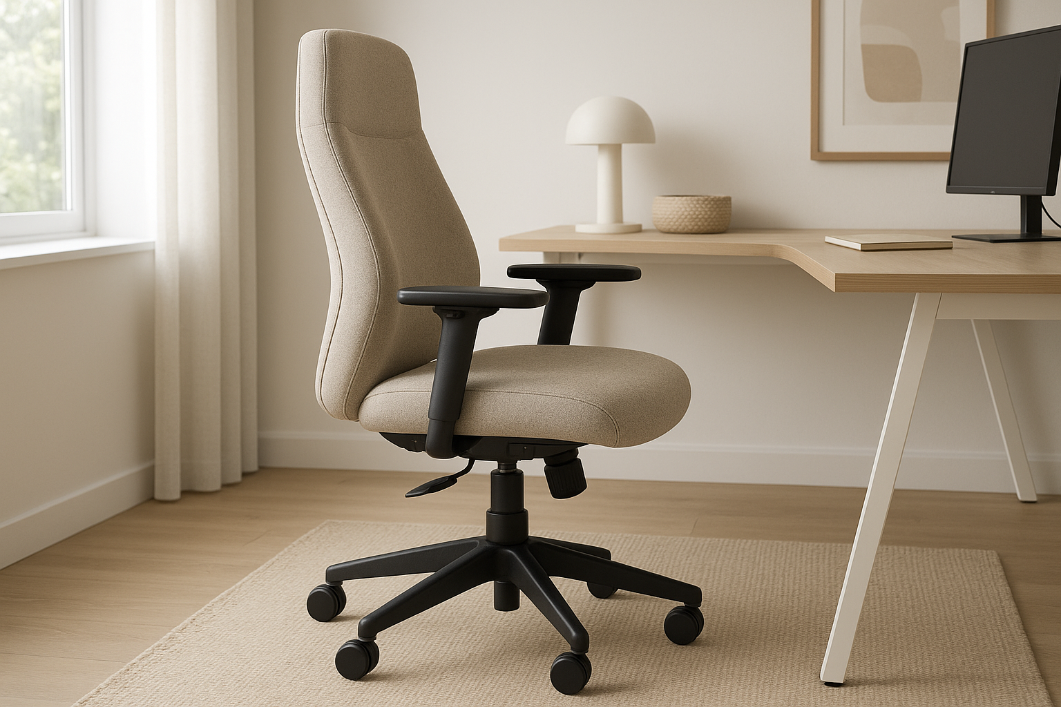 Cadeira de Escritório Ergonômica Tecido Bege com Rodízios