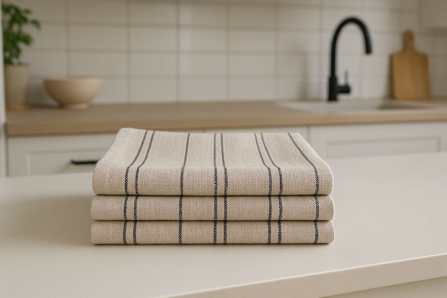 Kit 3 Panos de Prato Linho Natural com Listras 45x65cm