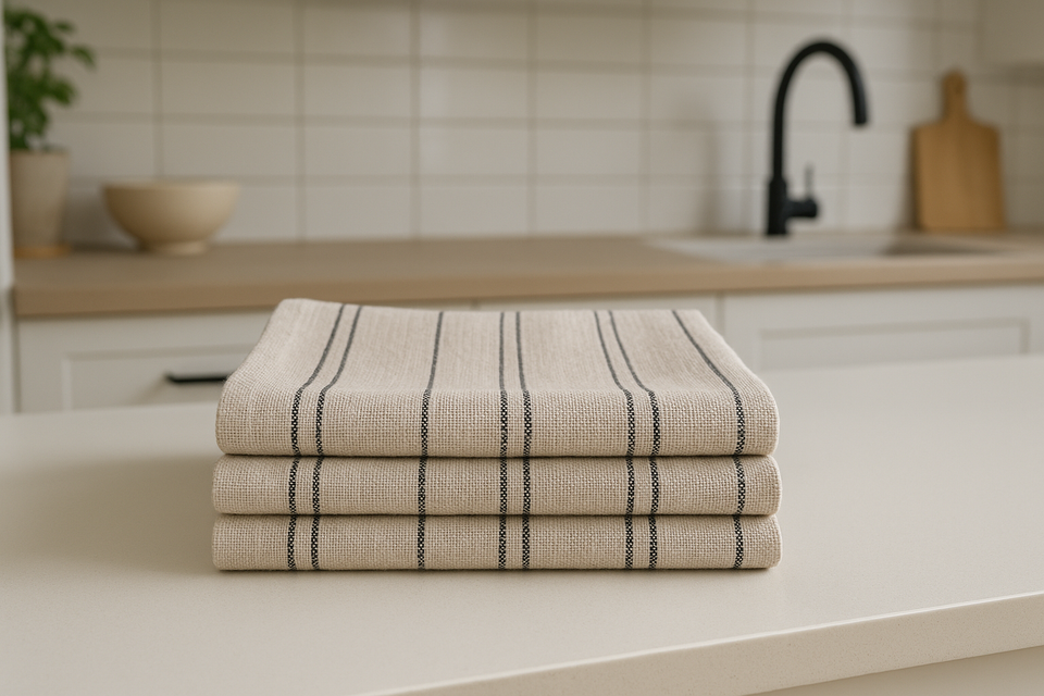Kit 3 Panos de Prato Linho Natural com Listras 45x65cm
