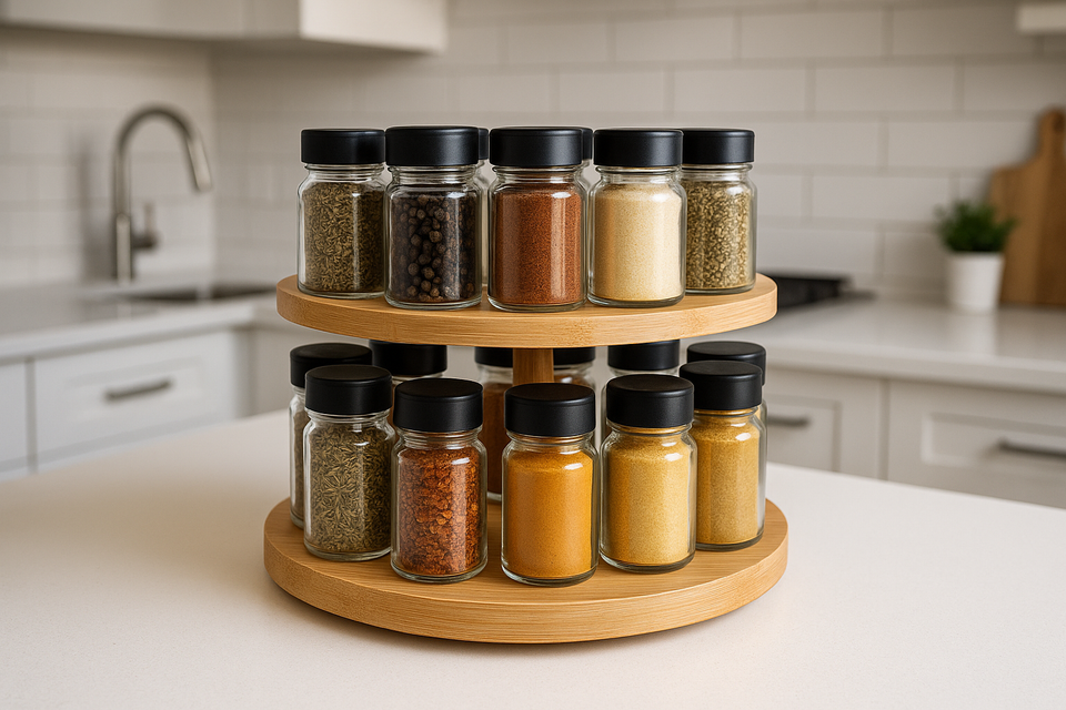 Porta Temperos Giratório Bambu 2 Andares com 16 Potes Vidro