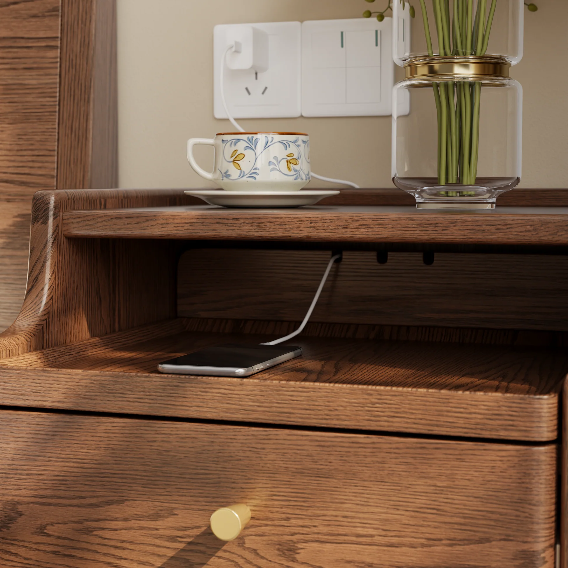 Mesa de cabeceira clássica minimalista em madeira maciça