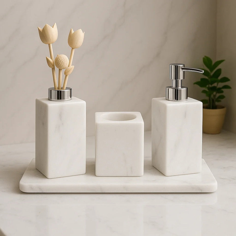 Kit Acessórios para Banheiro em Mármore Branco Bianco Classico - 4 Peças