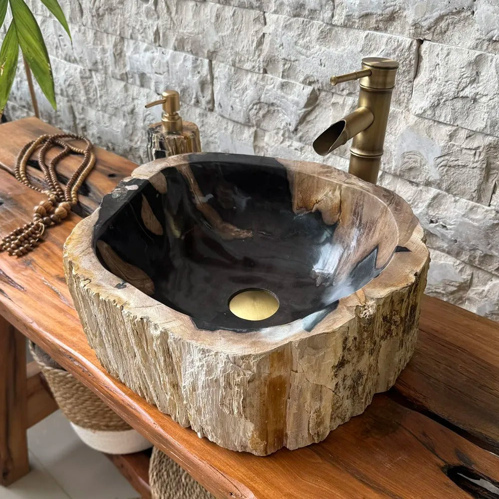 Cuba de Banheiro em Madeira Fossilizada 42x39x15cm