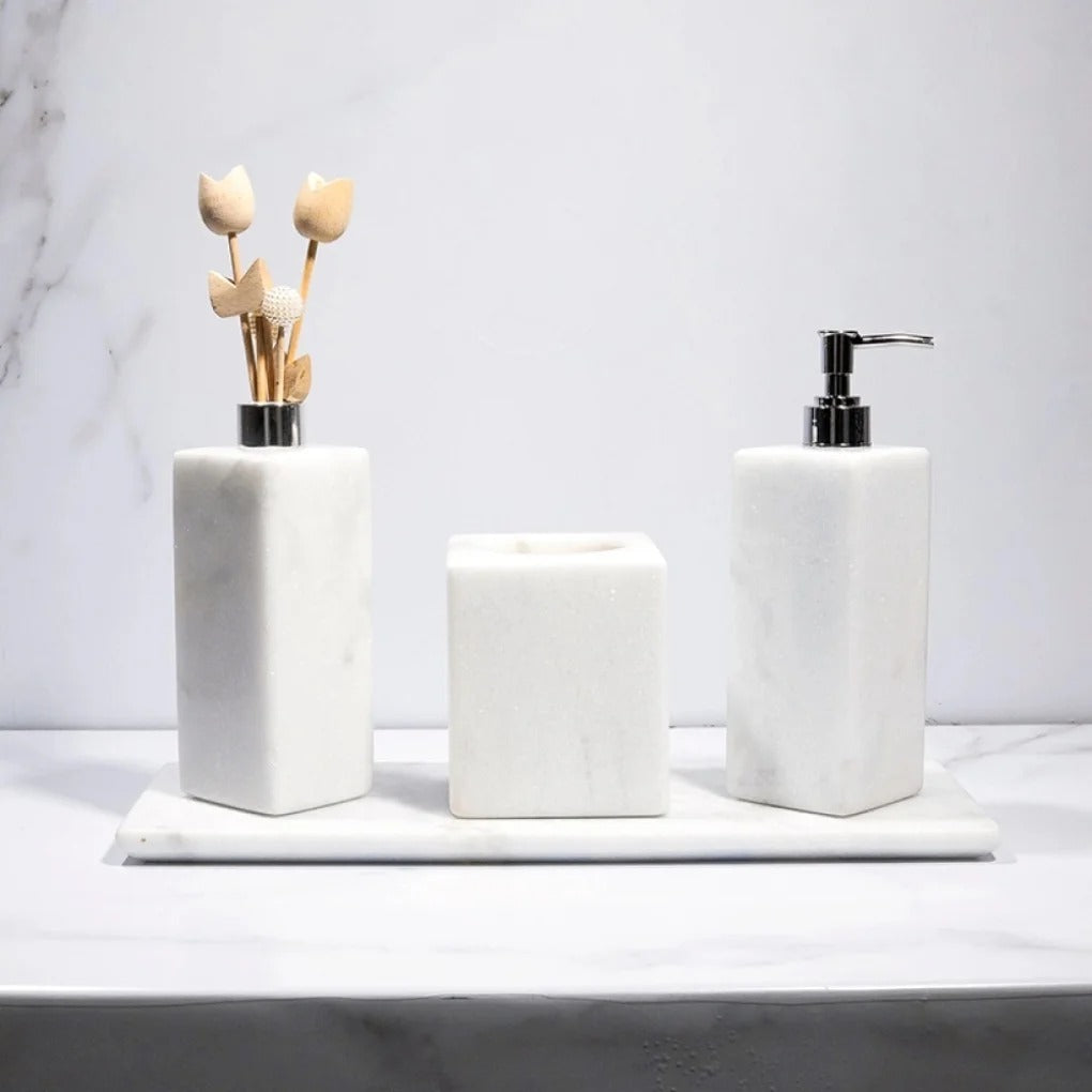 Kit Acessórios para Banheiro em Mármore Branco Bianco Classico - 4 Peças