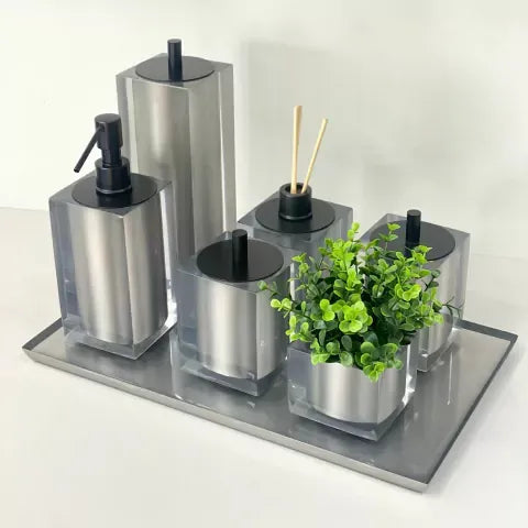 Kit de banheiro 4 peças em resina valência + bandeja cristal Marfim com Preto Fosco