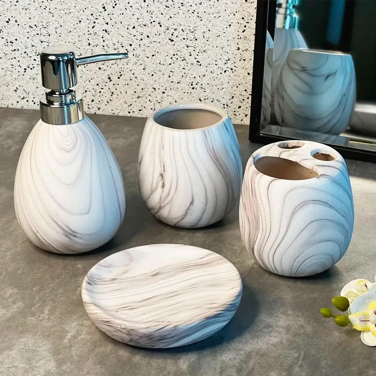 Jogo para Banheiro em Cerâmica 4 Peças Mármore Branco e Cinza