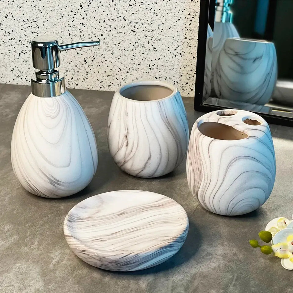 Jogo para Banheiro em Cerâmica 4 Peças Mármore Branco e Cinza