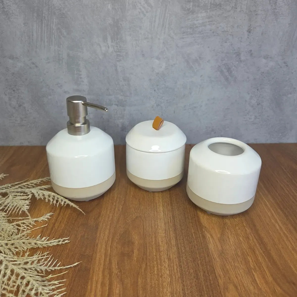 Jogo para Banheiro em Cerâmica 4 Peças Mármore Branco e Cinza