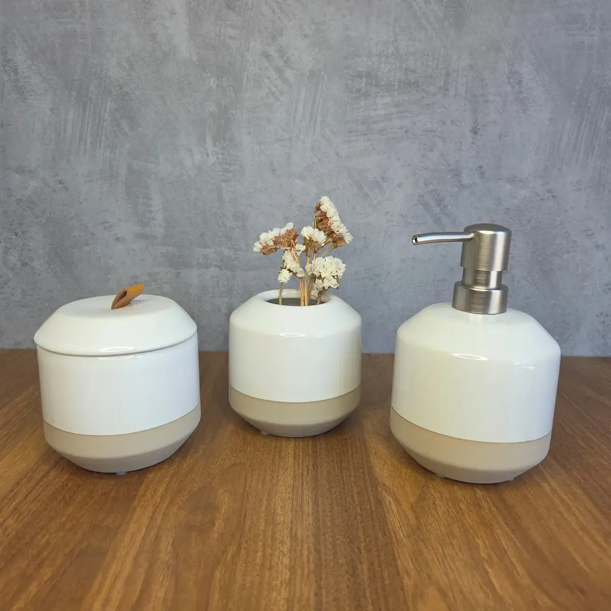 Jogo para Banheiro em Cerâmica 4 Peças Mármore Branco e Cinza