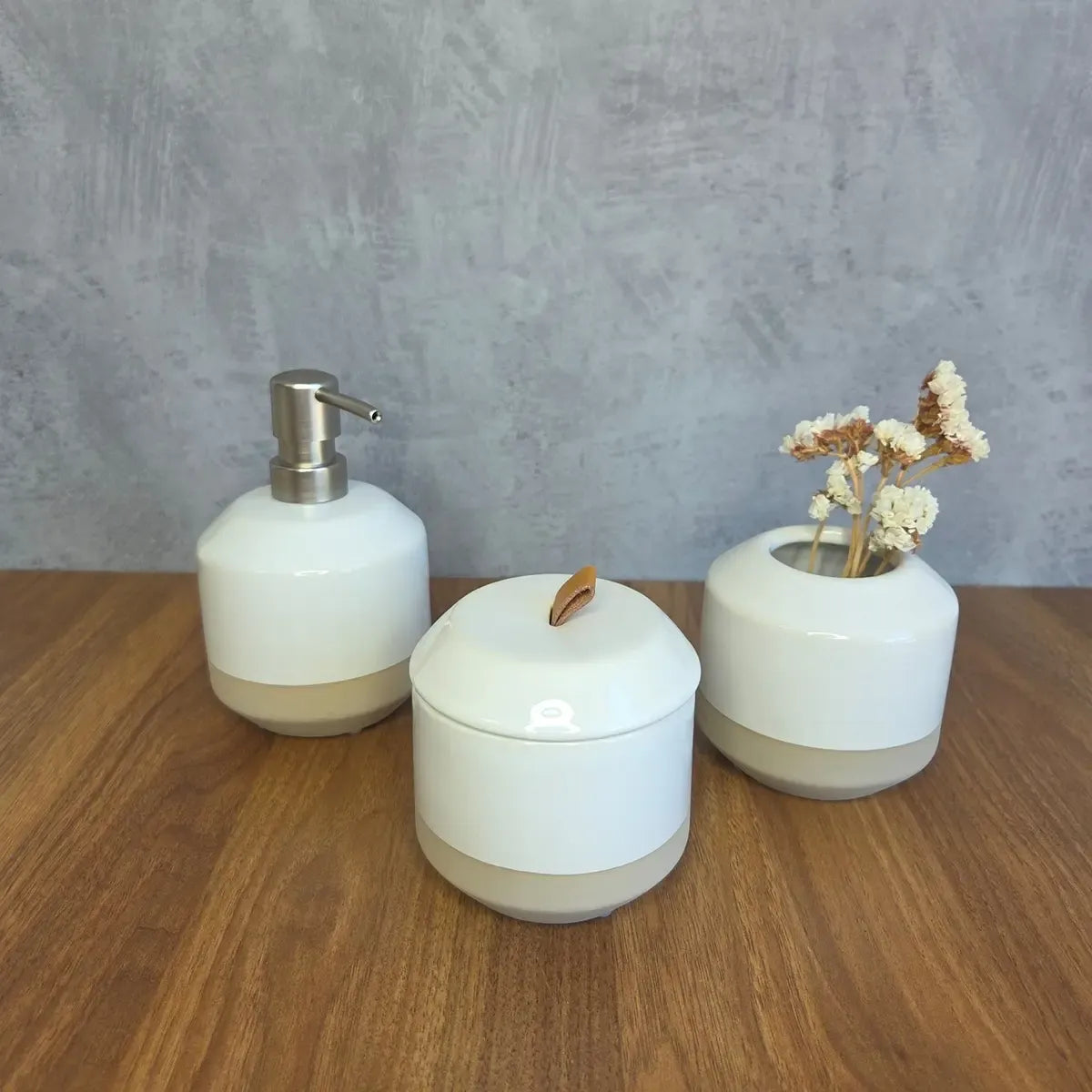 Jogo para Banheiro em Cerâmica 4 Peças Mármore Branco e Cinza