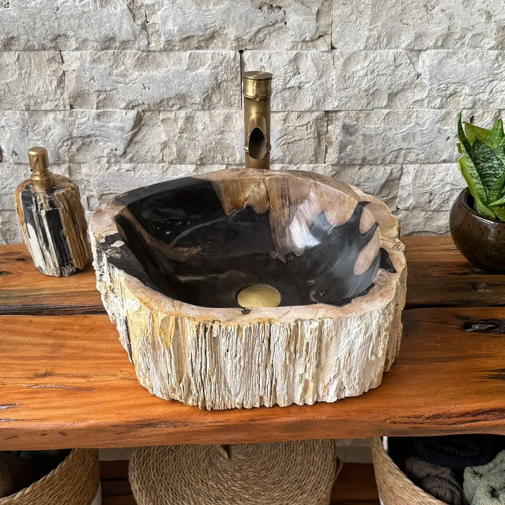 Cuba de Banheiro em Madeira Fossilizada 42x39x15cm