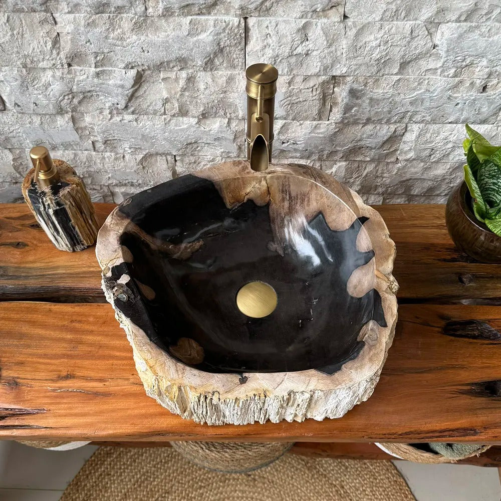 Cuba de Banheiro em Madeira Fossilizada 42x39x15cm